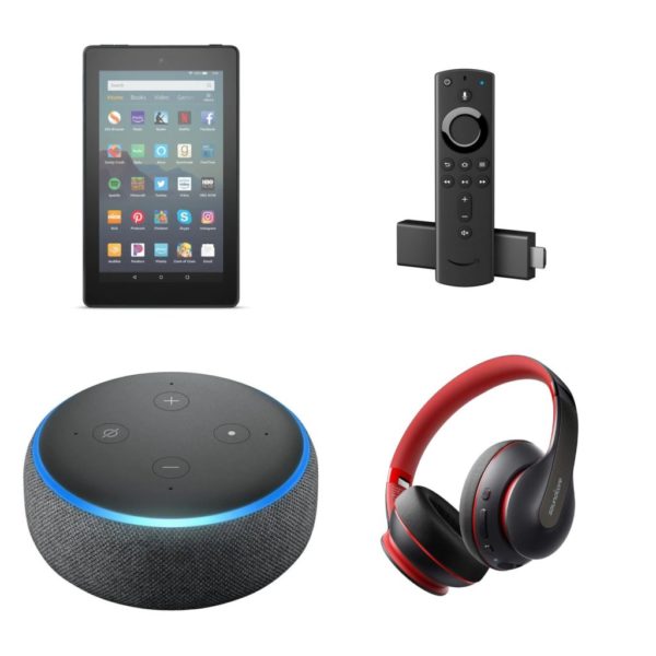 Amazon Fire 7 with Alexa, Amazon Fire TV Stick 4K with 128 GB memory card, Amazon Echo Dot, and Sound Core High Clarity Wireless Headphones