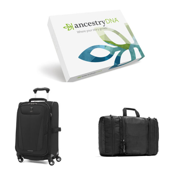 Ancestry DNA: Genetic Testing Ethnicity Kit, Travel Pro 21” Expandable Carry-on Spinner, and Ebags Pack-It-Flat Toiletry Bag