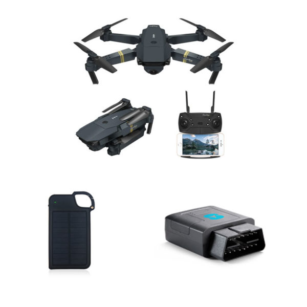 Pro X Drone with HD Camera, Smart Terminal OBDII GPS Vehicle Tracker, and Tag Along Outdoor Solar Charger for Digital Products